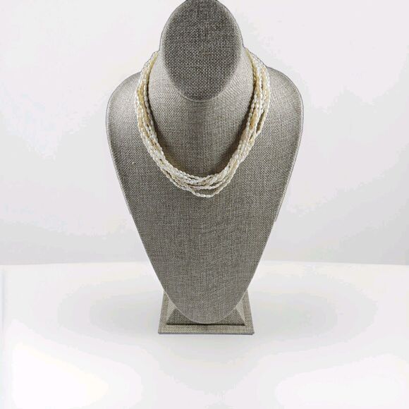Freshwater Multi Strand Rice Pearl Ivory 925 Silver Necklace - Picture 1 of 13